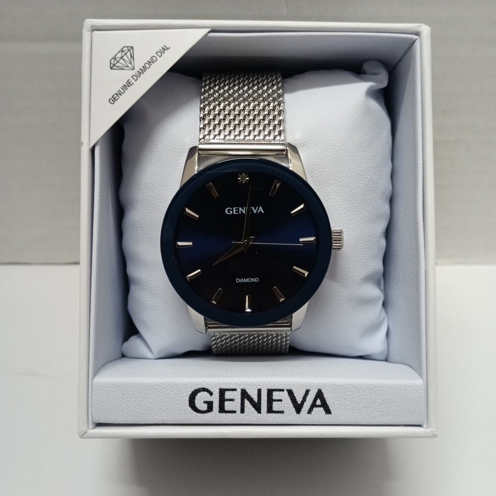 New Geneva Diamond Quartz Watch Silver Tone Blue Dial